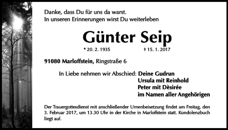  Traueranzeige für Günter Seip vom 28.01.2017 aus Mittelbayerische Zeitung Regensburg