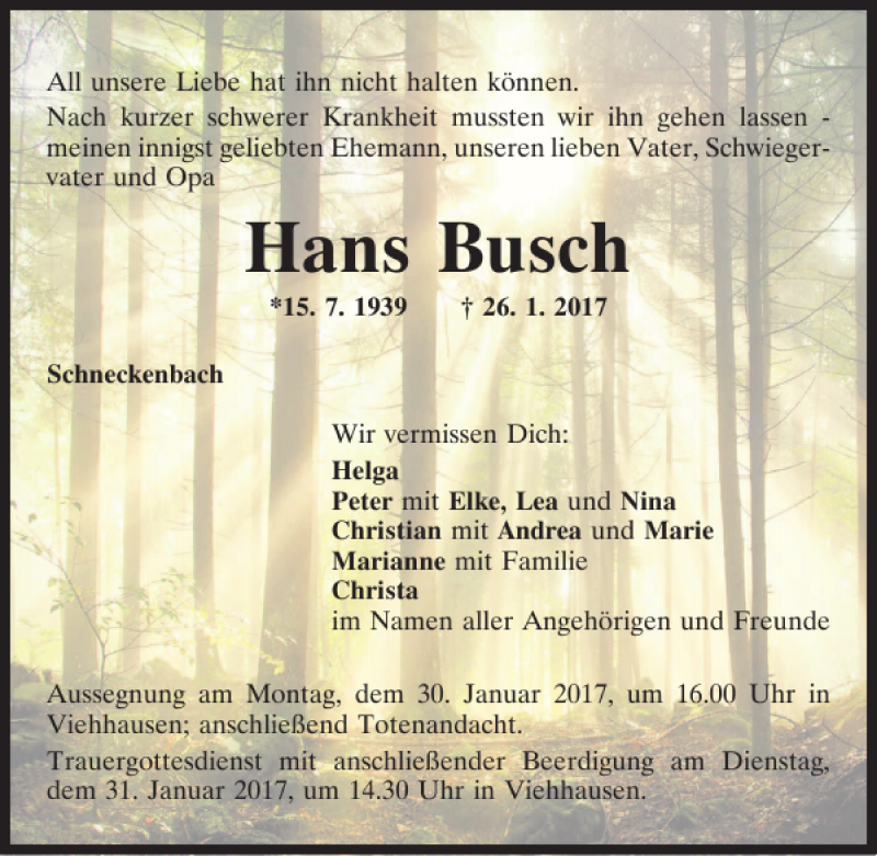  Traueranzeige für Hans Busch vom 28.01.2017 aus Mittelbayerische Zeitung Regensburg