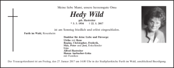 Traueranzeige von Hedy Wild Furth im Wald von Bayerwald Echo
