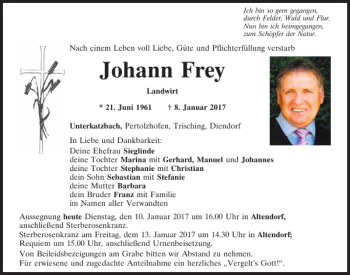 Traueranzeige von Johann Frey von Mittelbayerische Zeitung Schwandorf
