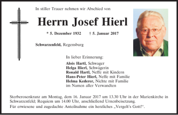 Traueranzeige von Josef Hierl von Mittelbayerische Zeitung Schwandorf