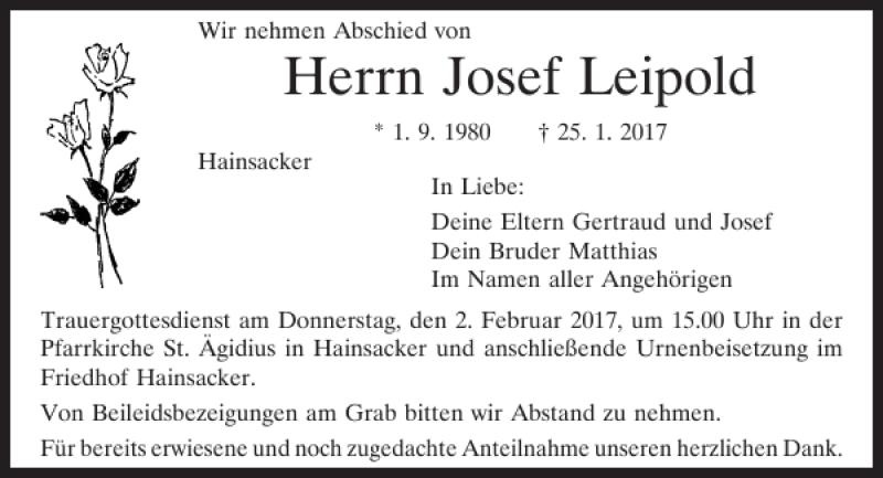  Traueranzeige für Josef Leipold vom 31.01.2017 aus Mittelbayerische Zeitung Regensburg