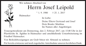 Traueranzeige von Josef Leipold von Mittelbayerische Zeitung Regensburg
