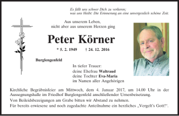 Traueranzeige von Peter Körner von Mittelbayerische Zeitung Schwandorf