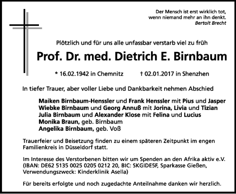  Traueranzeige für Prof. Dr. med. Dietrich E. Birnbaum  vom 07.01.2017 aus Mittelbayerische Zeitung Gesamtausgabe