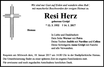 Traueranzeige von Resi Herz von Mittelbayerische Zeitung Regensburg