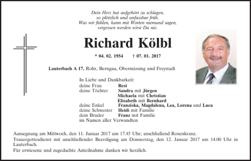  Traueranzeige für Richard Kölbl vom 10.01.2017 aus Neumarkter Tagblatt