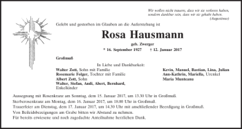 Traueranzeige von Rosa Hausmann von Mittelbayerische Zeitung Kelheim