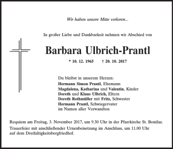 Traueranzeige von Barbara Ulbrich-Prantl von Mittelbayerische Zeitung Regensburg