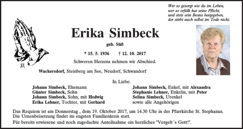  Traueranzeige für Erika Simbeck vom 14.10.2017 aus Mittelbayerische Zeitung Schwandorf