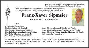 Traueranzeige von Franz-Xaver Sipmeier von Mittelbayerische Zeitung Kelheim