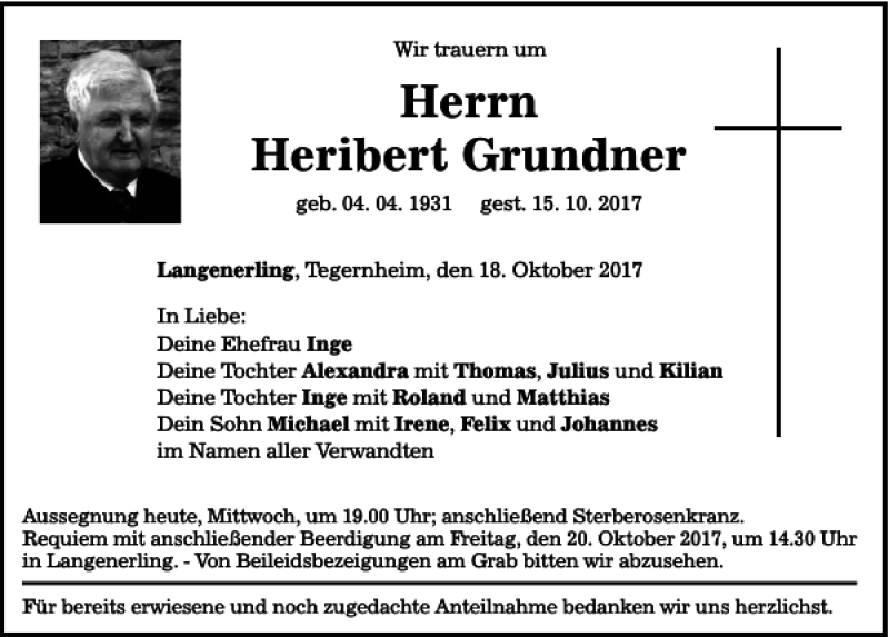  Traueranzeige für Heribert Grundner vom 18.10.2017 aus Mittelbayerische Zeitung Regensburg