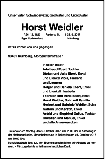 Traueranzeige von Horst Weidler von Neumarkter Tagblatt