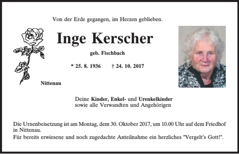  Traueranzeige für Inge Kerscher vom 27.10.2017 aus Mittelbayerische Zeitung Schwandorf