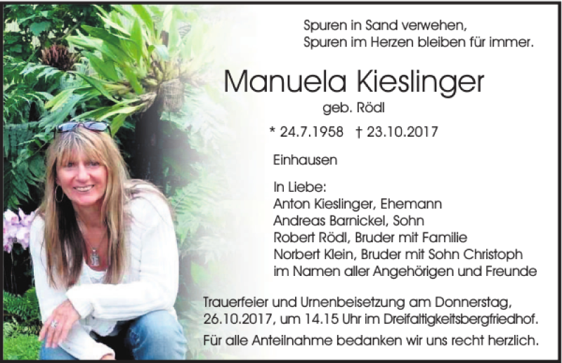  Traueranzeige für Manuela Kieslinger vom 25.10.2017 aus Mittelbayerische Zeitung Regensburg