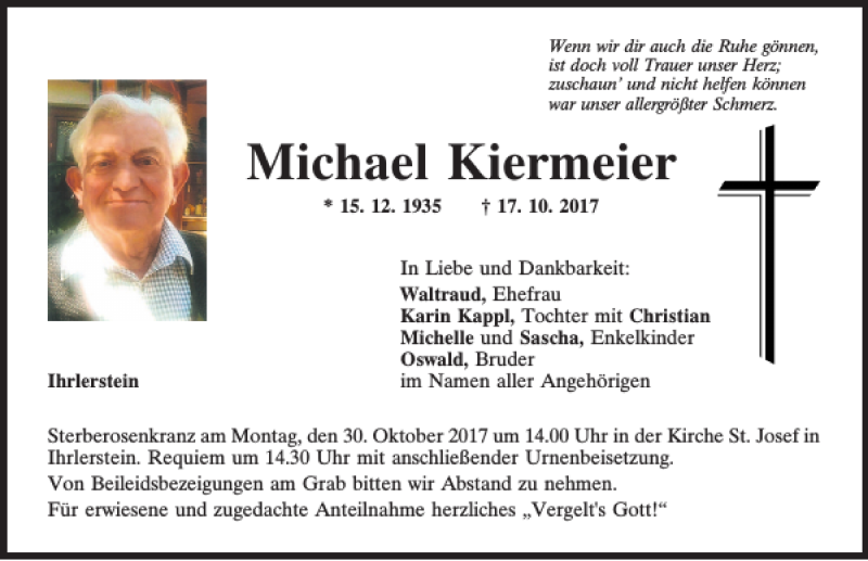  Traueranzeige für Michael Kiermeier vom 27.10.2017 aus Mittelbayerische Zeitung Kelheim