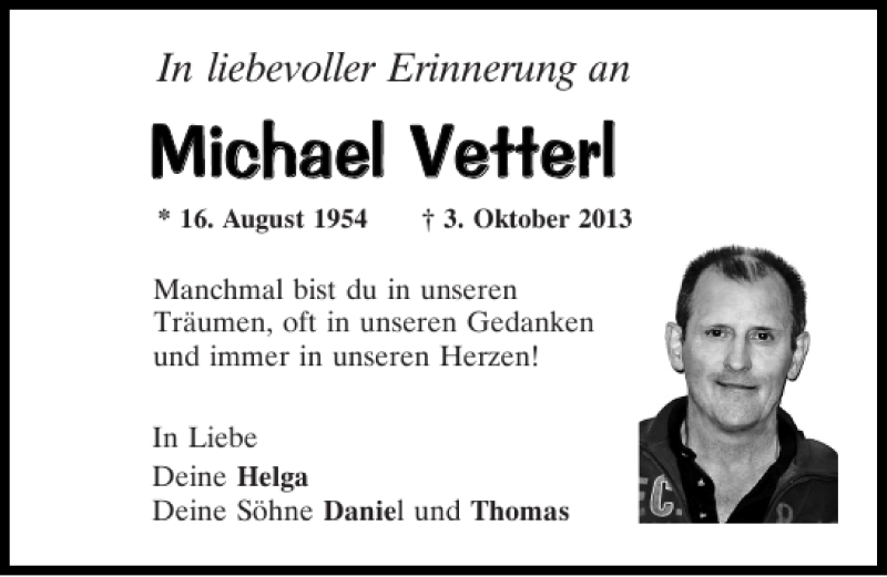  Traueranzeige für Michael Vetterl vom 02.10.2017 aus Mittelbayerische Zeitung Schwandorf