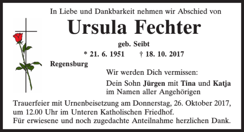  Traueranzeige für Ursula Fechter vom 21.10.2017 aus Mittelbayerische Zeitung Regensburg
