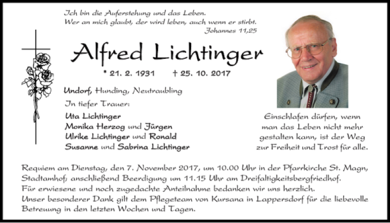  Traueranzeige für Alfred Lichtinger vom 04.11.2017 aus Mittelbayerische Zeitung Regensburg