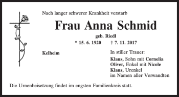 Traueranzeige von Anna Schmid von Mittelbayerische Zeitung Kelheim