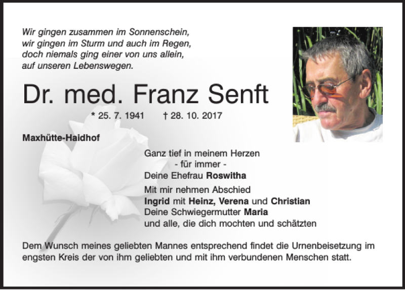  Traueranzeige für Dr. med. Franz Senft vom 04.11.2017 aus Mittelbayerische Zeitung Schwandorf