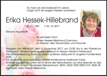 Traueranzeige von Erika Hessek-Hillebrand von Mittelbayerische Zeitung Regensburg