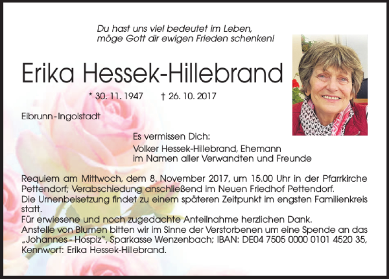  Traueranzeige für Erika Hessek-Hillebrand vom 04.11.2017 aus Mittelbayerische Zeitung Regensburg