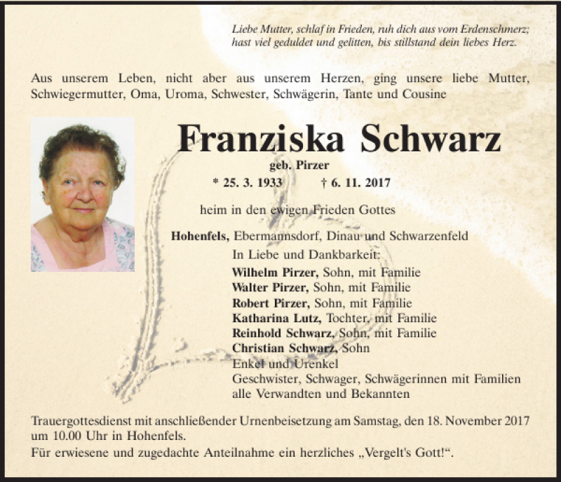 Traueranzeigen von Franziska Schwarz | Mittelbayerische Trauer