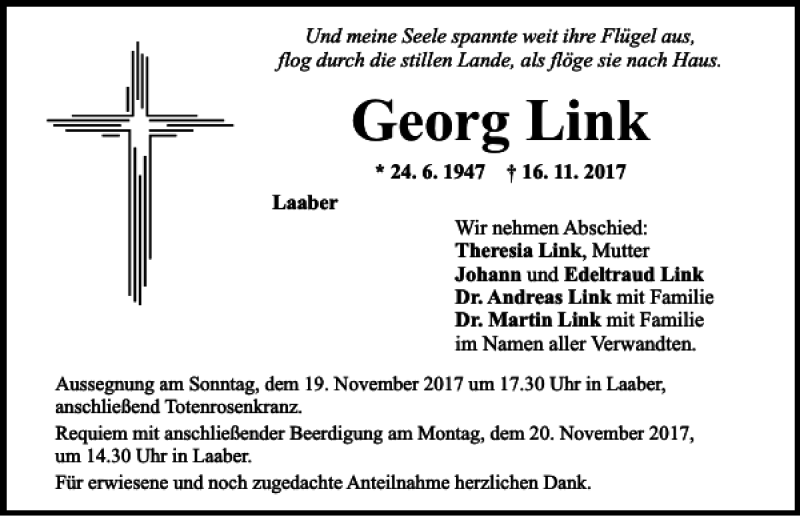  Traueranzeige für Georg Link vom 18.11.2017 aus Mittelbayerische Zeitung Regensburg