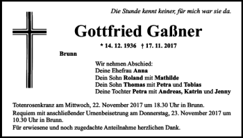Traueranzeige von Gottfried Gaßner von Mittelbayerische Zeitung Regensburg
