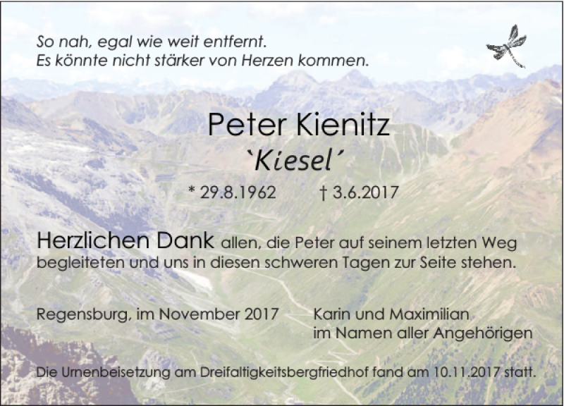  Traueranzeige für Peter Kienitz vom 11.11.2017 aus Mittelbayerische Zeitung Regensburg