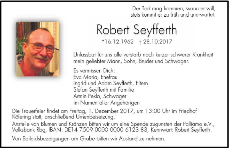  Traueranzeige für Robert Seyfferth vom 04.11.2017 aus Mittelbayerische Zeitung Regensburg