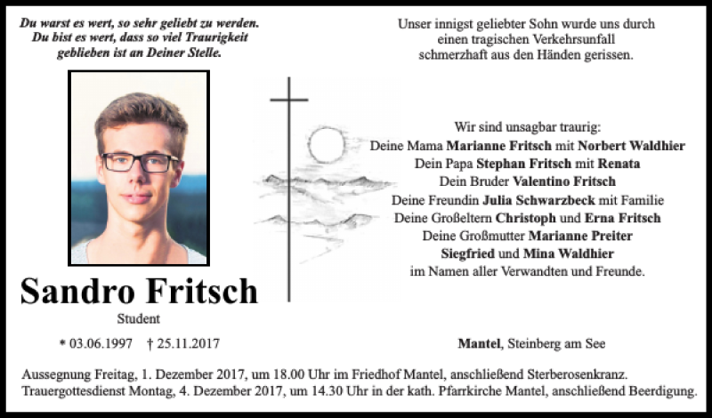  Traueranzeige für Sandro Fritsch vom 29.11.2017 aus Bayerwald Echo