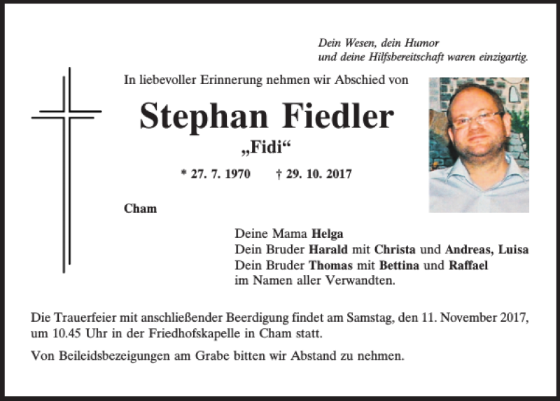  Traueranzeige für Stephan Fiedler vom 09.11.2017 aus Bayerwald Echo
