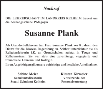 Traueranzeige von Susanne Plank von Mittelbayerische Zeitung Kelheim