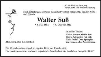 Traueranzeige von Walter Süß von Mittelbayerische Zeitung Kelheim