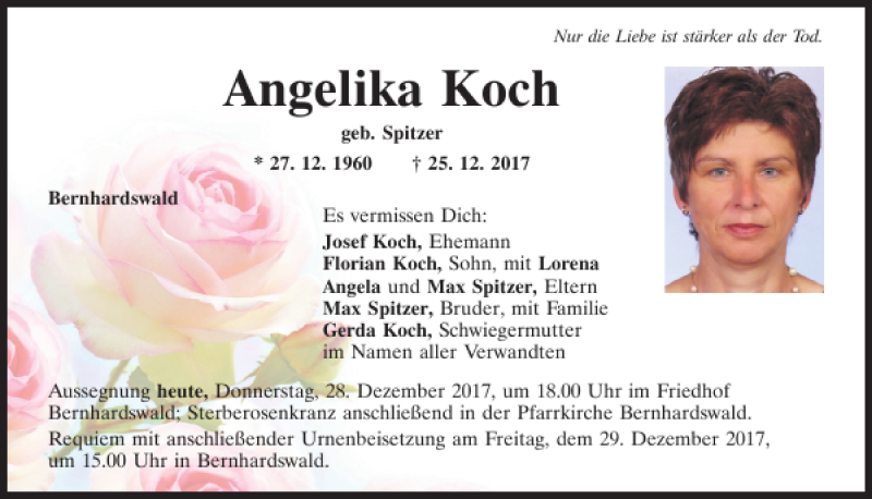  Traueranzeige für Angelika Koch vom 28.12.2017 aus Mittelbayerische Zeitung Regensburg