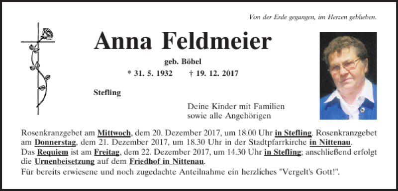  Traueranzeige für Anna Feldmeier vom 20.12.2017 aus Mittelbayerische Zeitung Schwandorf