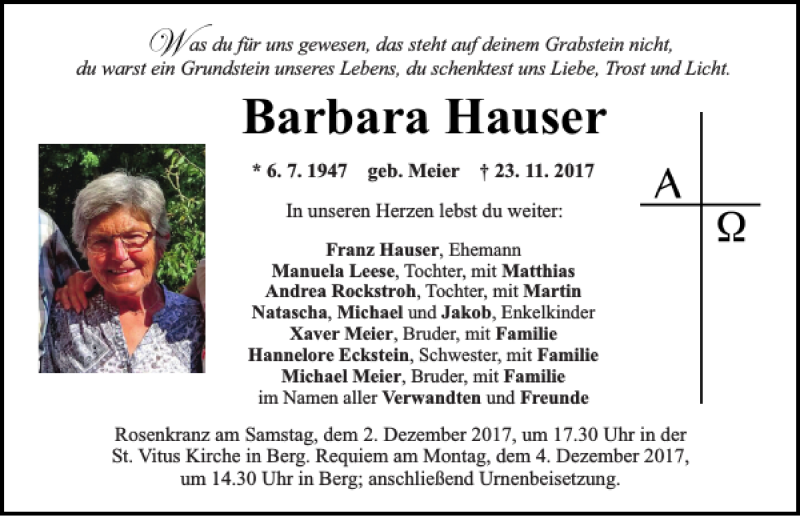  Traueranzeige für Barbara Hauser vom 01.12.2017 aus Neumarkter Tagblatt