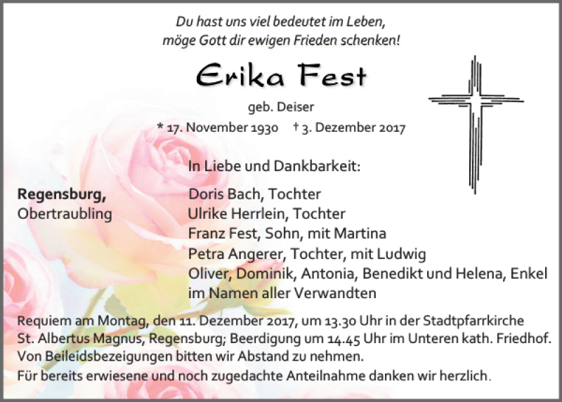  Traueranzeige für Erika Fest vom 09.12.2017 aus Mittelbayerische Zeitung Regensburg