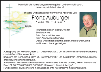 Traueranzeige von Franz Auburger von Mittelbayerische Zeitung Regensburg