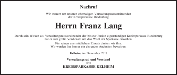 Traueranzeige von Franz Lang von Mittelbayerische Zeitung Kelheim