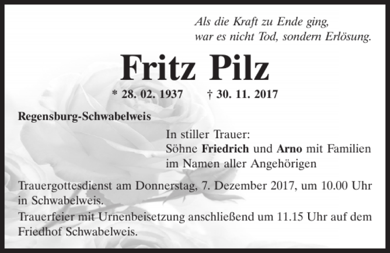  Traueranzeige für Fritz Pilz vom 05.12.2017 aus Mittelbayerische Zeitung Regensburg