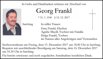 Traueranzeige von Georg Frankl von Mittelbayerische Zeitung Regensburg