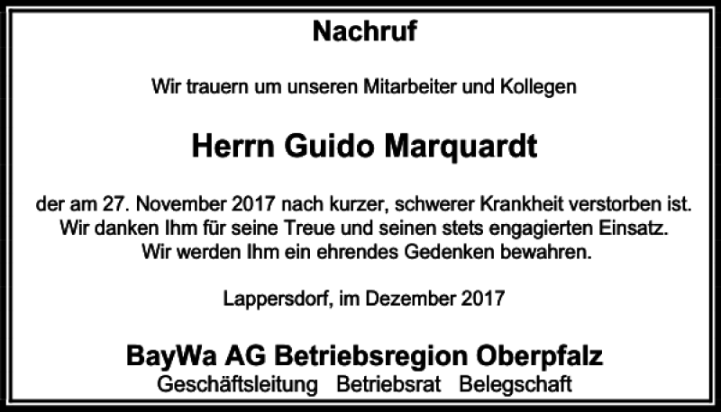  Traueranzeige für Guido Marquardt vom 05.12.2017 aus Mittelbayerische Zeitung Regensburg
