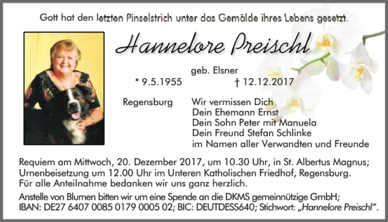  Traueranzeige für Hannelore Preischl vom 16.12.2017 aus Mittelbayerische Zeitung Regensburg