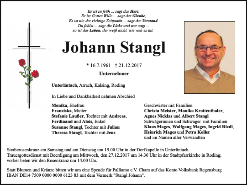  Traueranzeige für Johann Stangl vom 23.12.2017 aus Bayerwald Echo