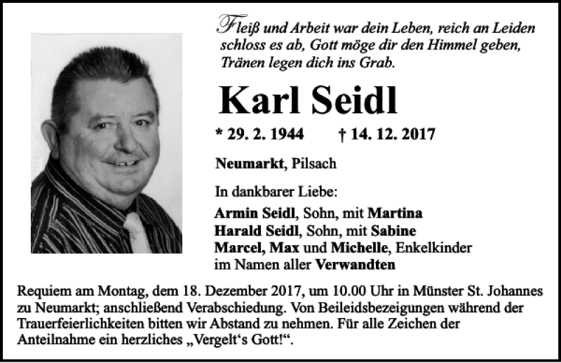  Traueranzeige für Karl Seidl vom 16.12.2017 aus Neumarkter Tagblatt