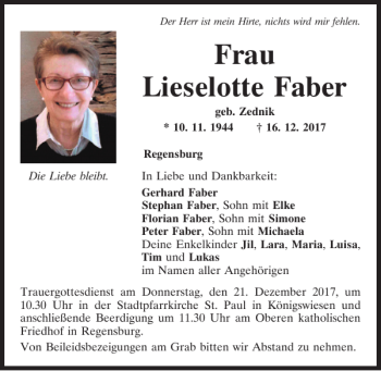 Traueranzeige von Lieselotte Faber von Mittelbayerische Zeitung Regensburg