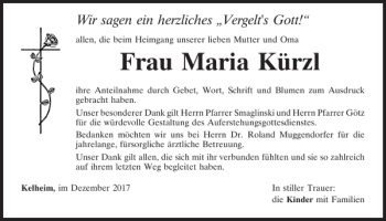 Traueranzeige von Maria Kürzl von Mittelbayerische Zeitung Kelheim